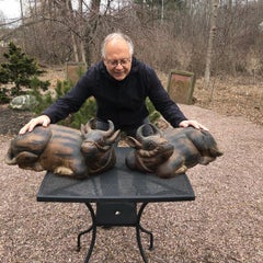 Japanese Antique Glass Eye Temple Bulls Bisons Pair, Signed, 19th Century