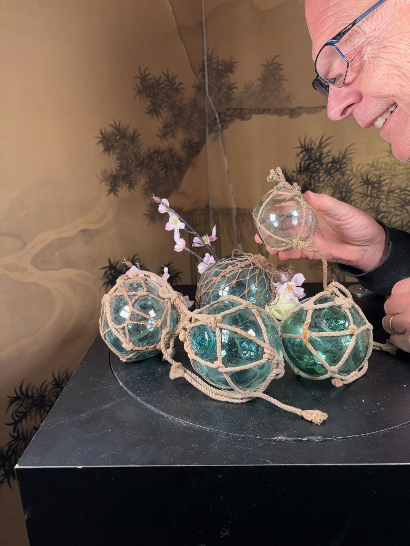 Neat Hand Blown Antique Ornaments From the Sea - Old Japan.

Collection five (5) Authentic Japanese Round Blown Glass Fishing Floats-genuine antique maritime works of art. 
Colors include beautiful aquamarine  and shades of blue - greens.

These