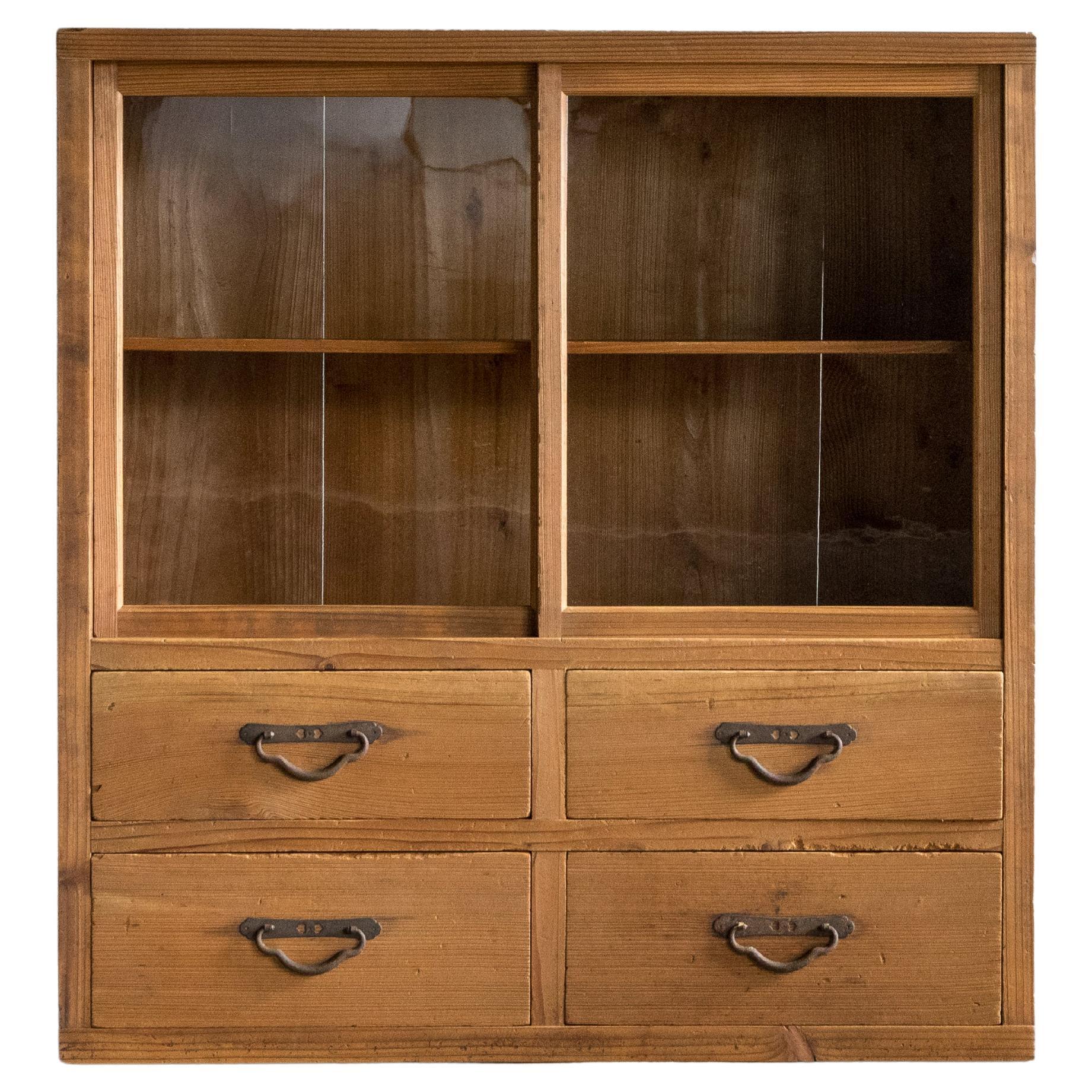 Japanese Antique Glass Showcase Cabinet, Taisho Era (1912–1926), Cedar Wood