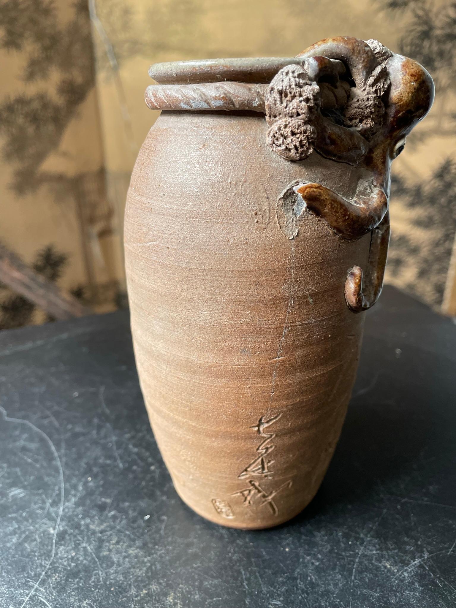 Japanese Old Vintage Glazed Octopus Signed Vase 1