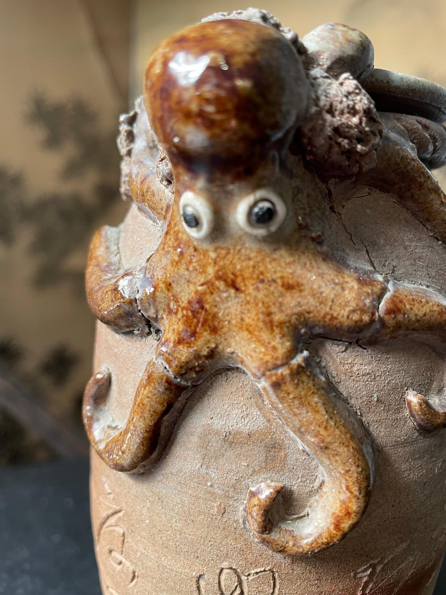 Taisho Japanese Old Vintage Glazed Octopus Signed Vase