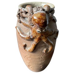 Japanese Old Vintage Glazed Octopus Signed Vase