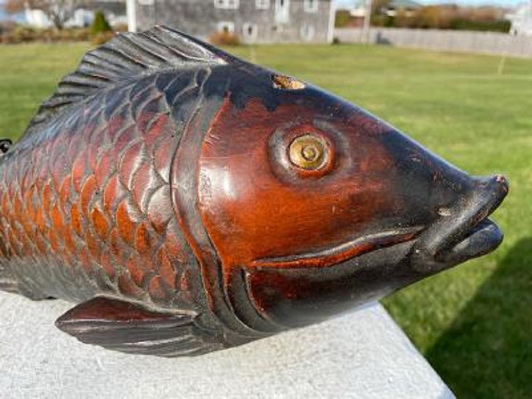 Japanese Antique Hand Carved Wood Koi Good Fortune Fish 19thc 3