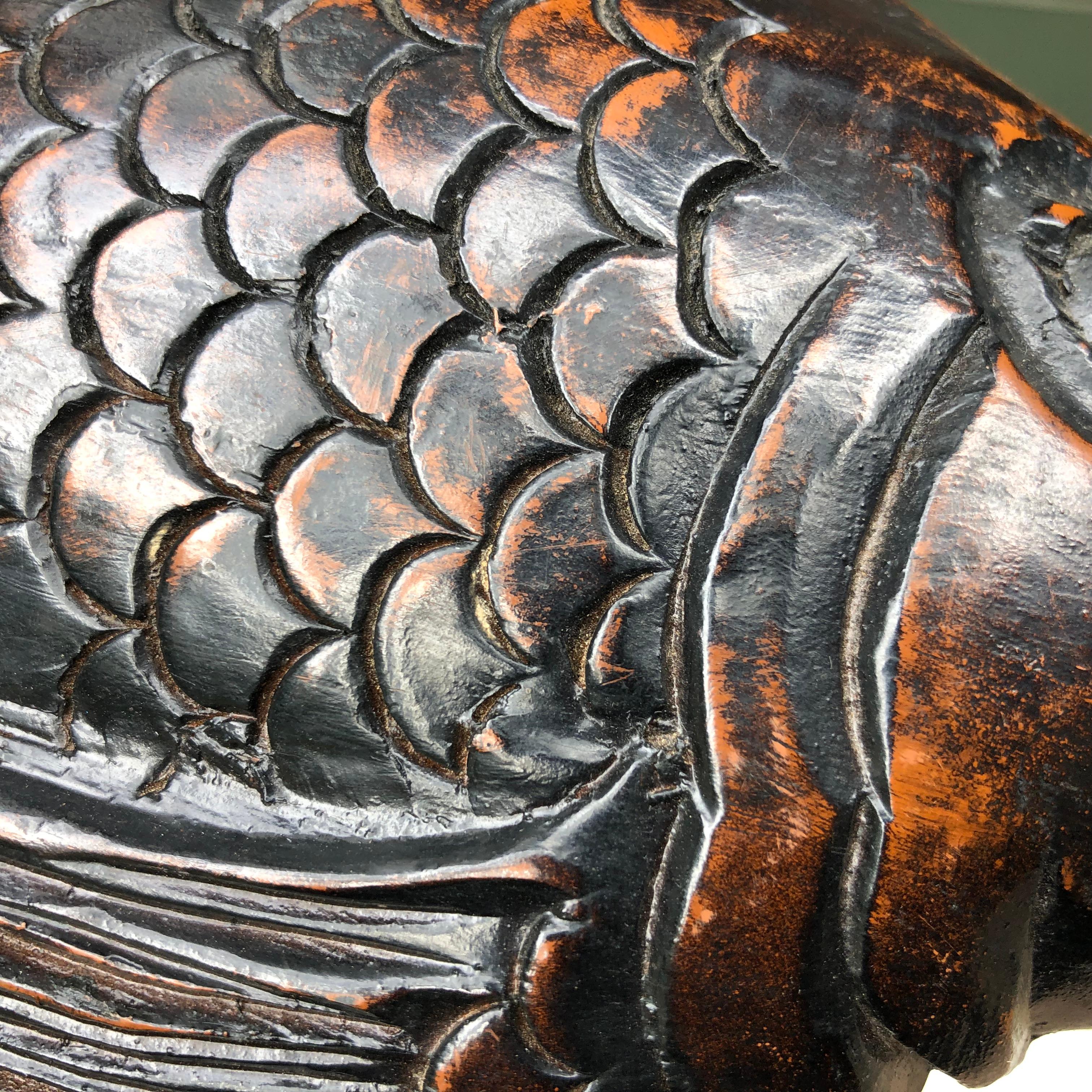 Meiji Japanese Antique Hand Carved Wood Koi Good Fortune Fish Sassy Tail, 19th Century