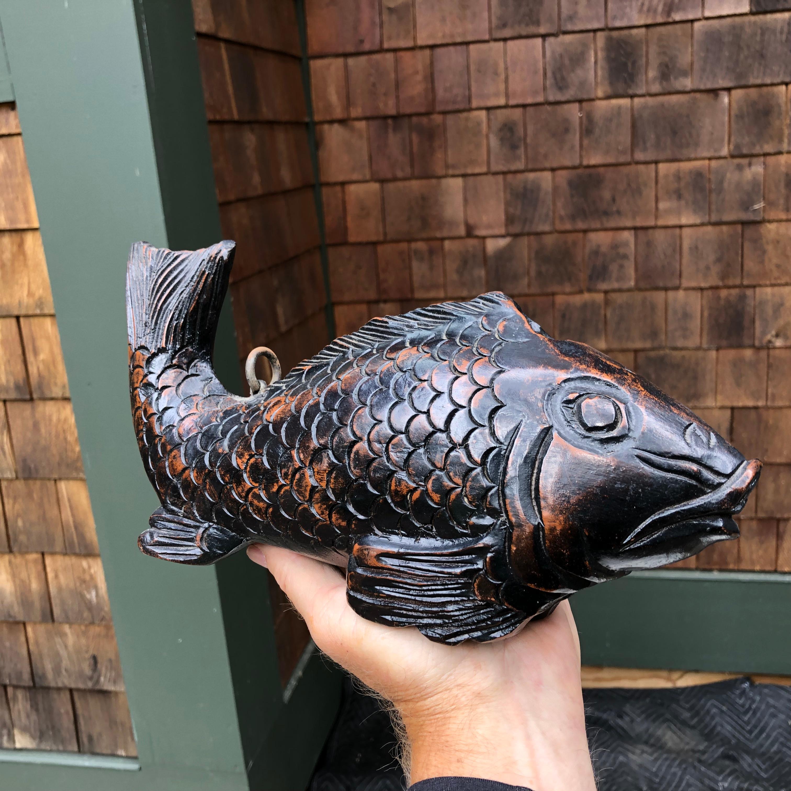 Hand-Carved Japanese Antique Hand Carved Wood Koi Good Fortune Fish Sassy Tail, 19th Century