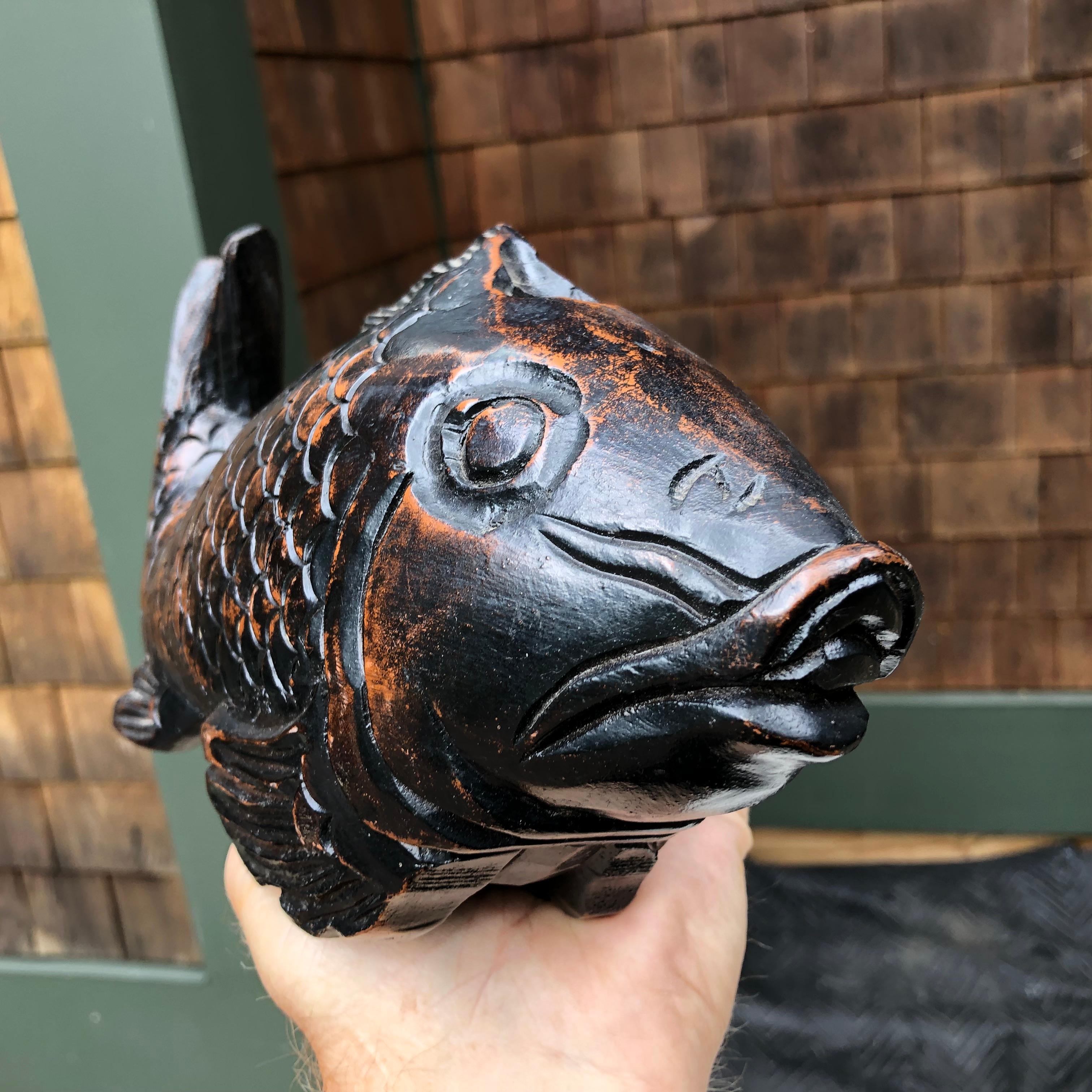 Japanese Antique Hand Carved Wood Koi Good Fortune Fish Sassy Tail, 19th Century In Good Condition In South Burlington, VT