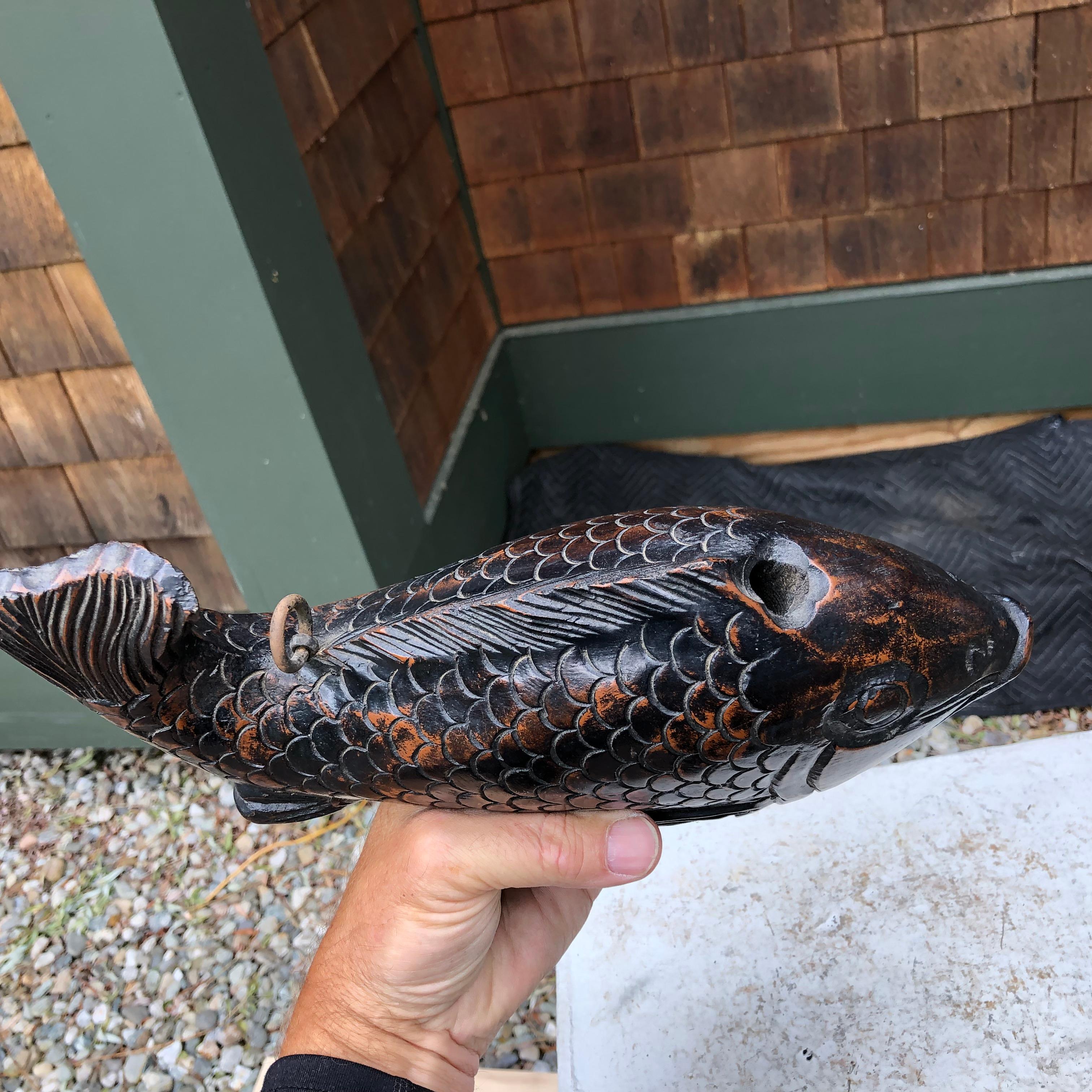 Japanese Antique Hand Carved Wood Koi Good Fortune Fish Sassy Tail, 19th Century 1