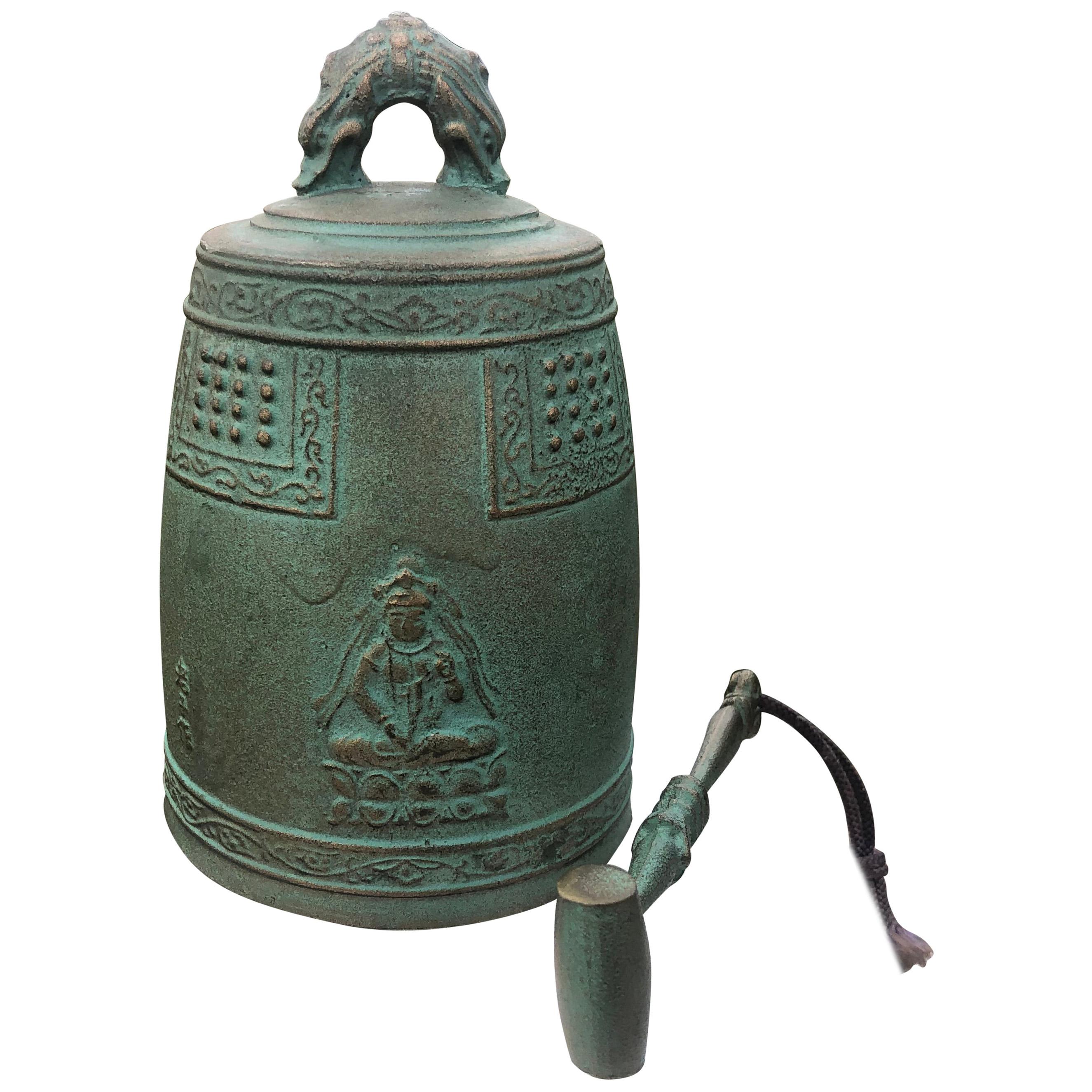 Japanese Hand Cast Bronze Temple Bell "Flying Angels And Buddha"