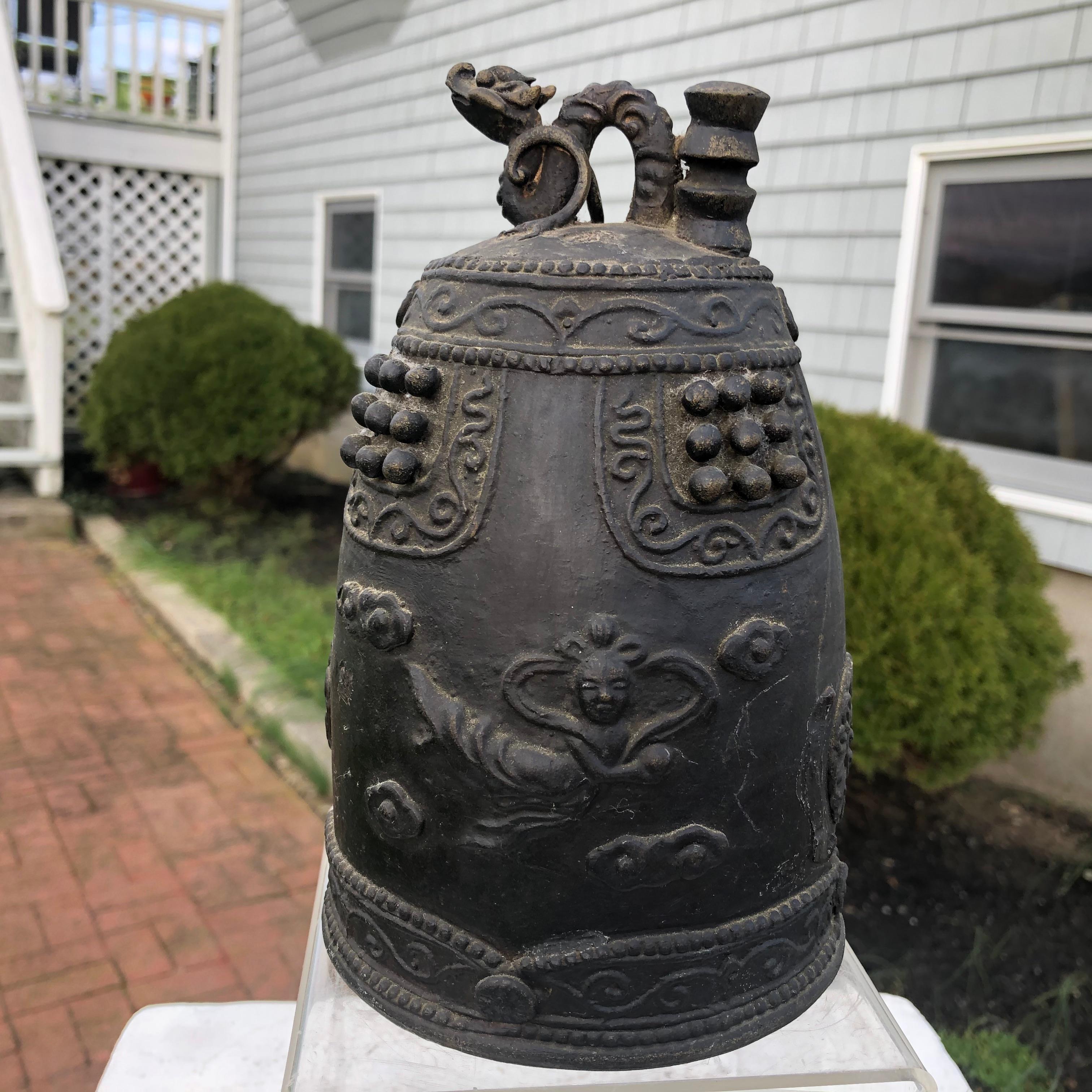 Flying angels and dragon motif

Here's a rare treasure from Japan and an unusual find- plus an excellent candidate to accent your indoor or outdoor garden space. 

This is an unusual antique bronze cast temple bell complete featuring unusual