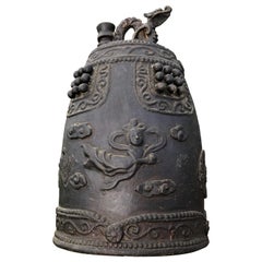 Japanese Antique Hand Cast Bronze Temple Bell "Flying Angels And Dragon"