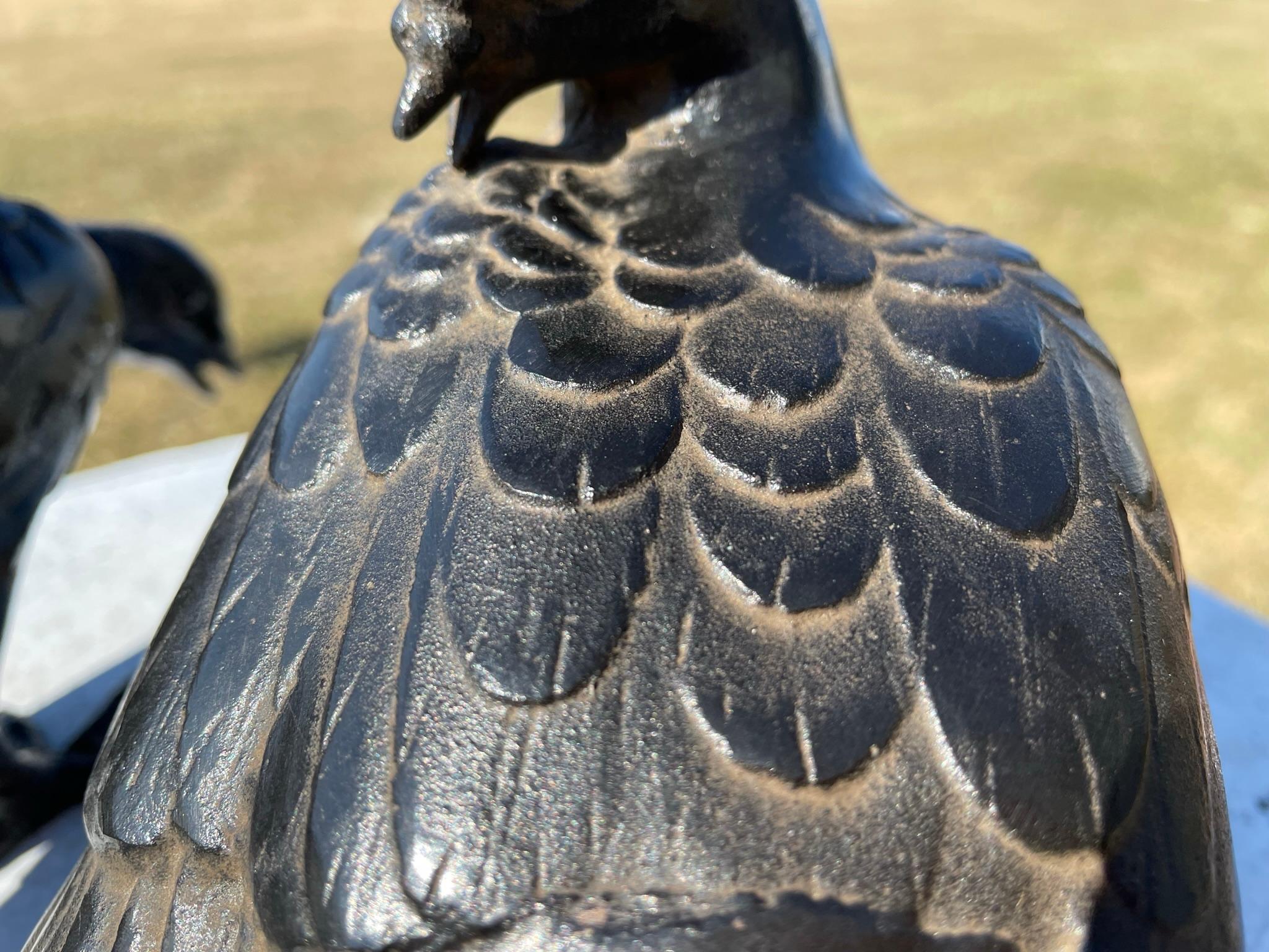 Japanese Antique Hand Cast Pair Black Wood Pigeons, Beautiful Details 4