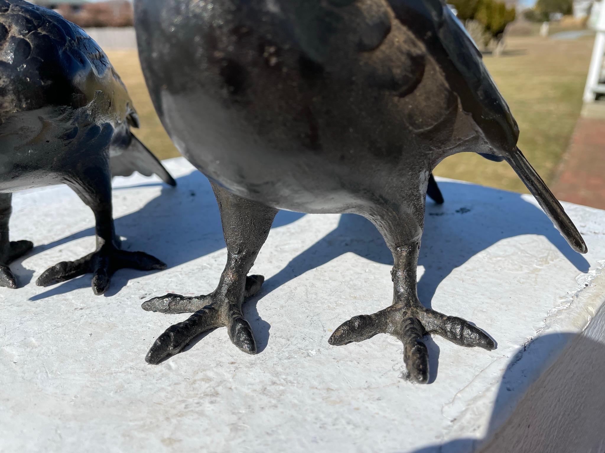 Japanese Antique Hand Cast Pair Black Wood Pigeons, Beautiful Details 7