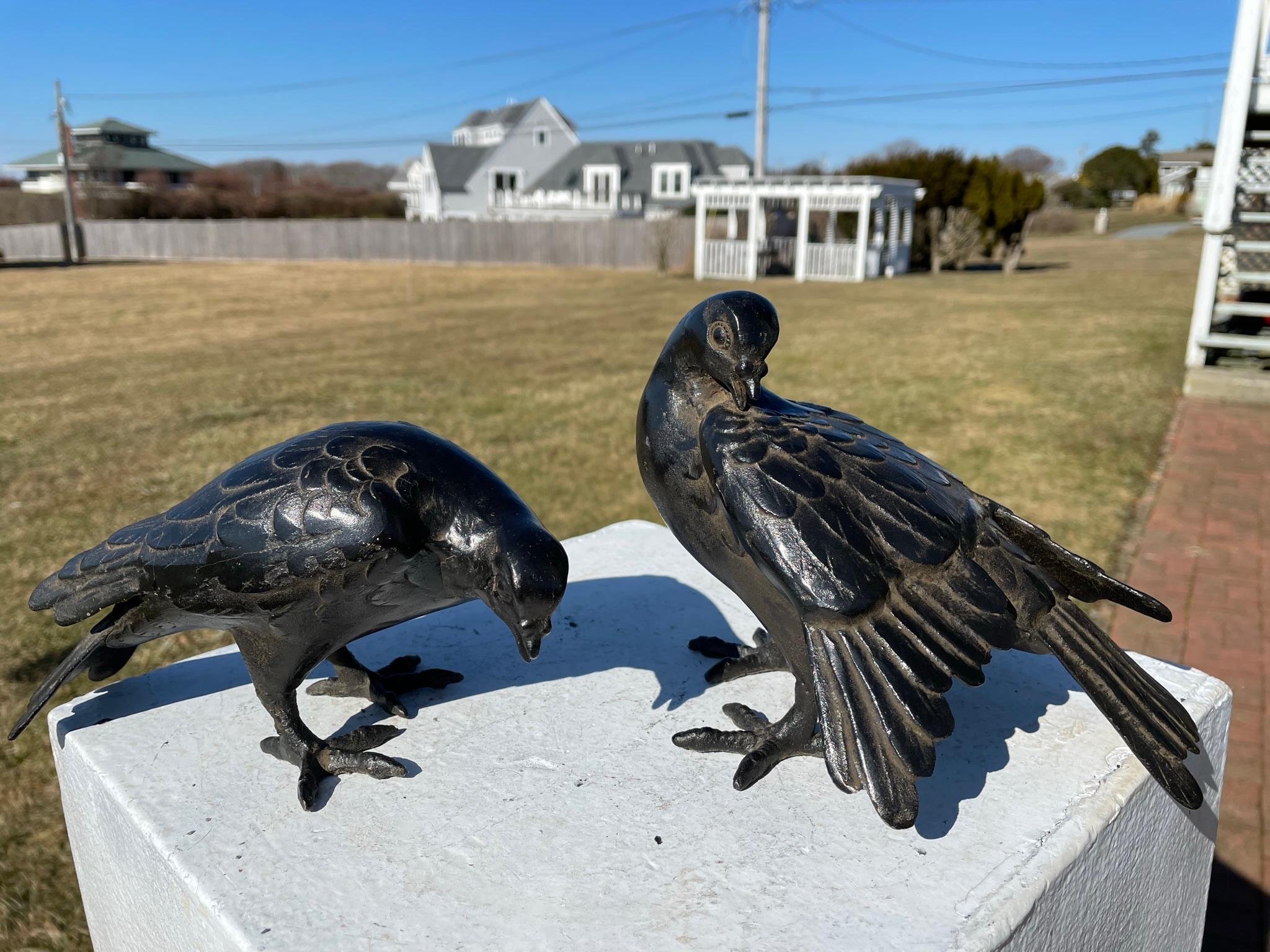 Japanese Antique Hand Cast Pair Black Wood Pigeons, Beautiful Details 9