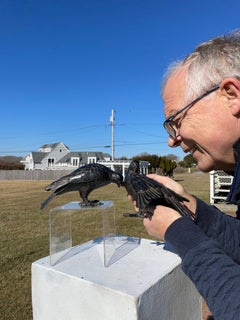 Japanese Antique Hand Cast Pair Black Wood Pigeons, Beautiful Details