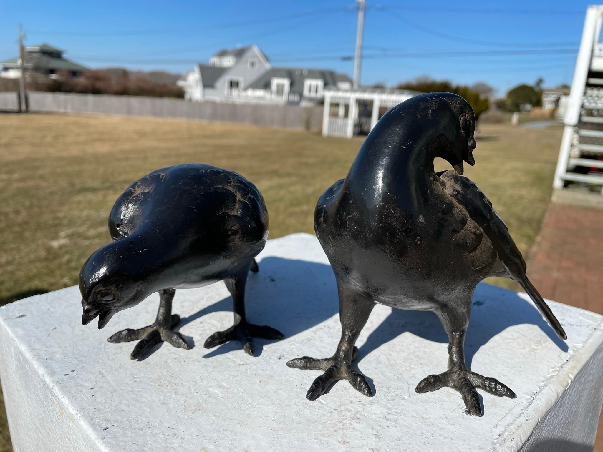 20th Century Japanese Antique Hand Cast Pair Black Wood Pigeons, Beautiful Details