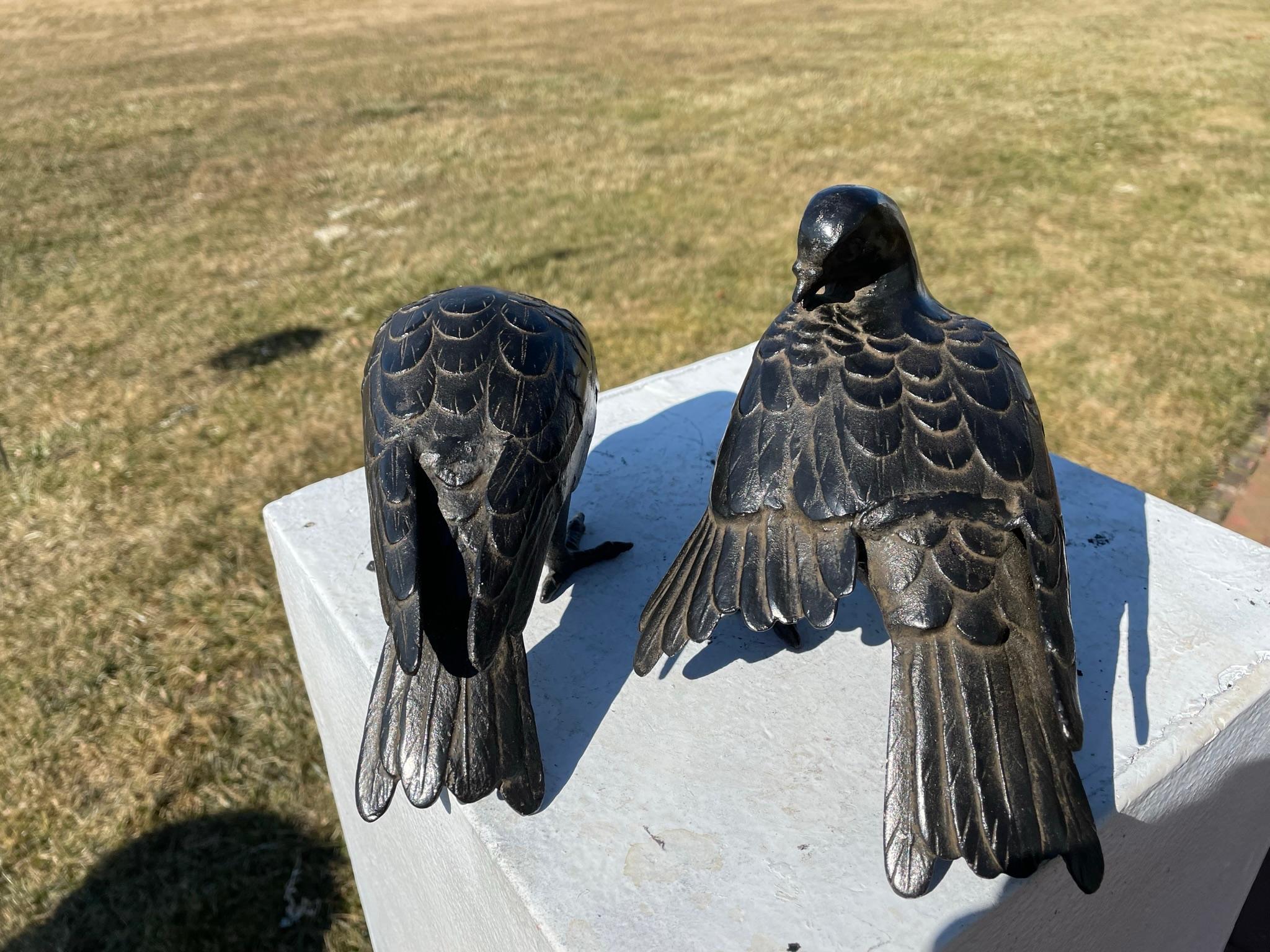 Japanese Antique Hand Cast Pair Black Wood Pigeons, Beautiful Details 2
