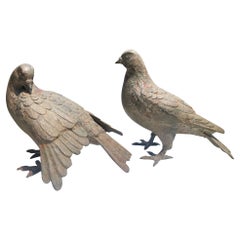 Antica coppia di piccioni giapponesi in bronzo fusi a mano, bellissimi dettagli
