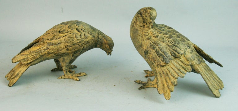 1230 Pair Japanese hand cast wood pigeons with highly detailed plumage,heads,tails and feet.