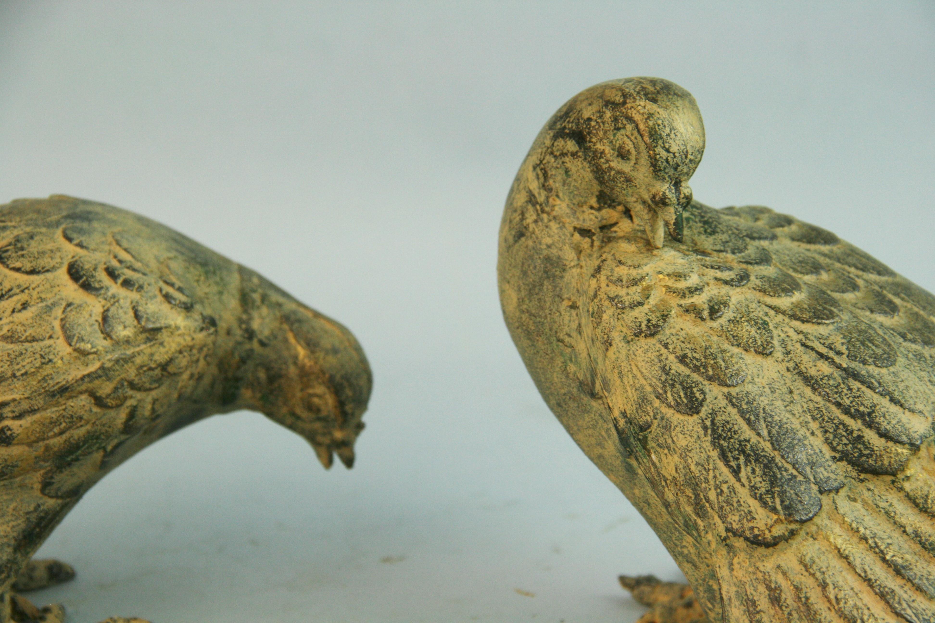Japanese Antique Hand Cast Pair Wood Pigeons Beautiful Detail In Good Condition In Douglas Manor, NY
