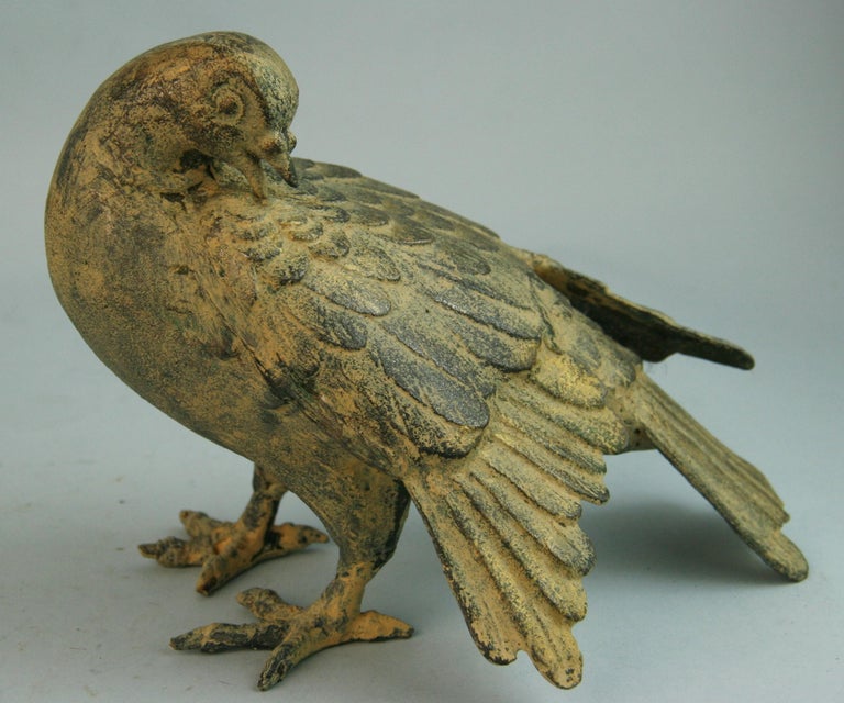 Early 20th Century Japanese Antique Hand Cast Pair Wood Pigeons Beautiful Detail For Sale