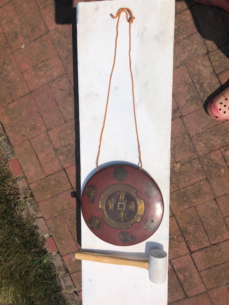 Japanese Antique Hand Cast Red Bronze Garden Gong Soothing Deep Sound