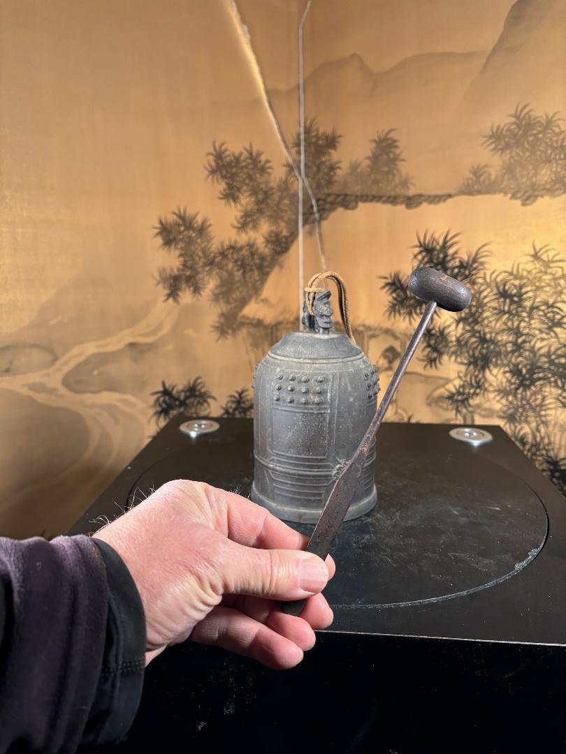 Japanese Antique Hand Cast Temple Bell Resonates with Original Striker 8