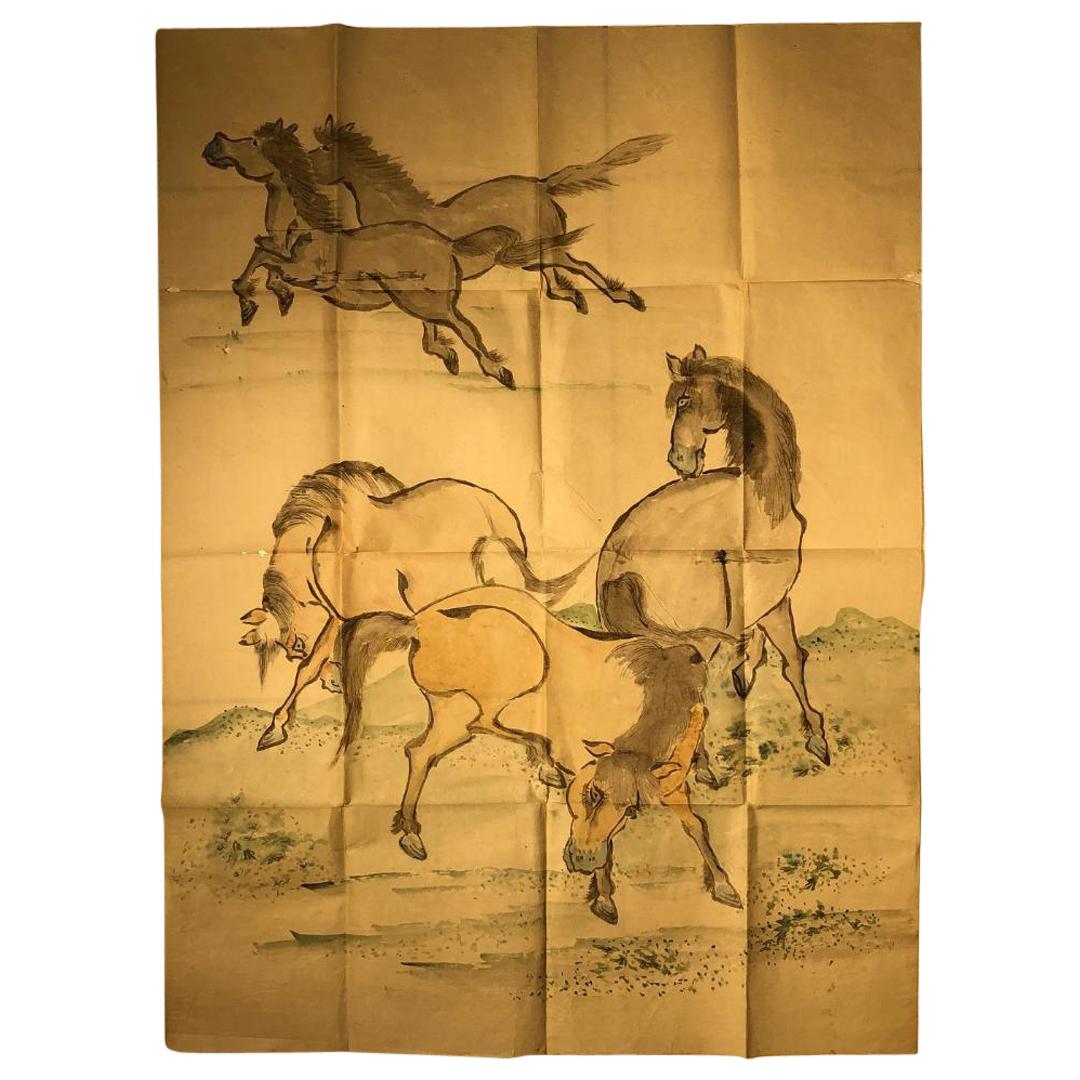 Japanese Antique Hand Colored Painting "5 Stunning Horses" Hand Drawn