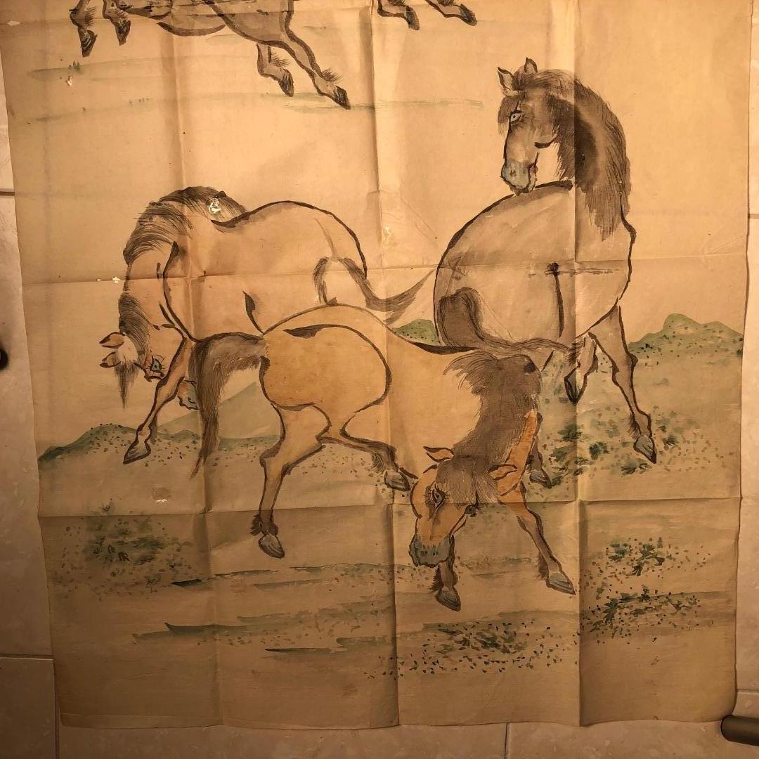 From our recent Japanese Acqusitions Travels

A unique hand colored painting of five magnificent horses original painting on washi paper - a Japanese artists' private drawing dating to the 19th century. 

immediately frameable. 

Dimension: 35