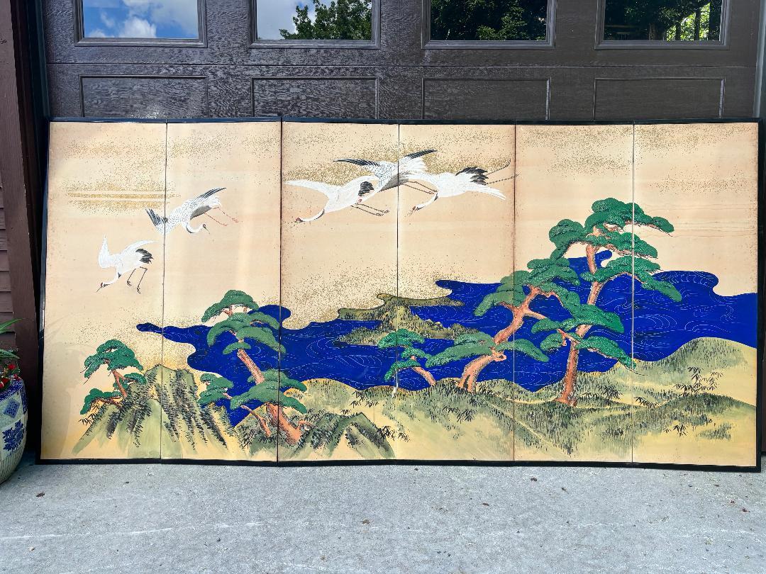 Japanese Antique Hand Painted Blue Waters, Cranes, Trees Screen Vibrant Color 3