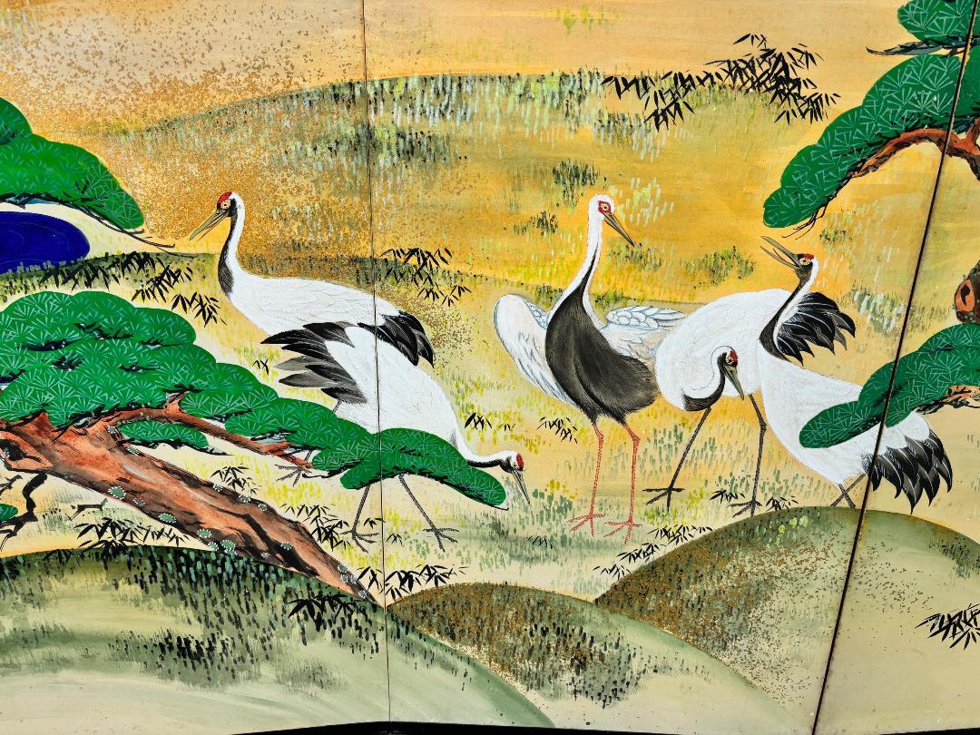 Japanese Antique Hand Painted Blue Waters, Cranes, Trees Screen Vibrant Color 3