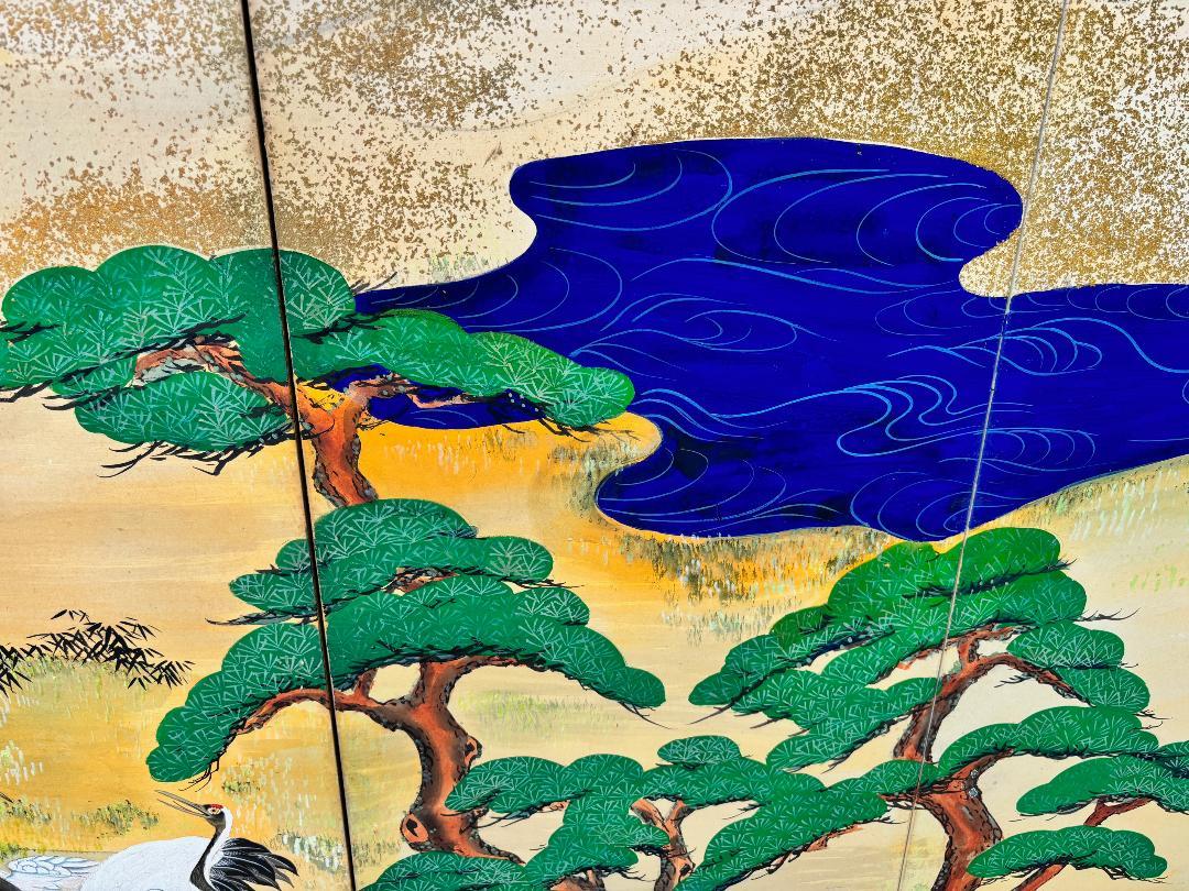 Japanese Antique Hand Painted Blue Waters, Cranes, Trees Screen Vibrant Color 4