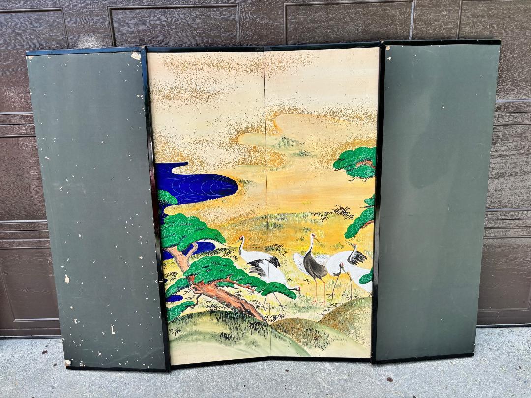 Japanese Antique Hand Painted Blue Waters, Cranes, Trees Screen Vibrant Color 8
