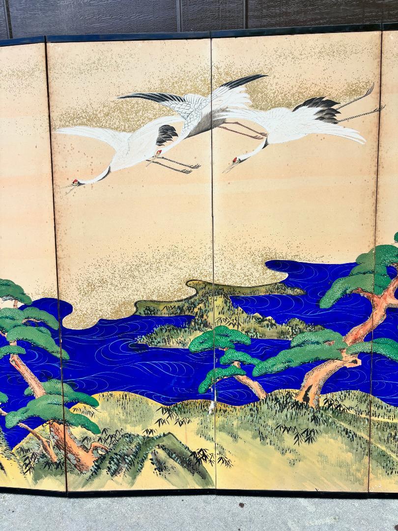 Taisho Japanese Antique Hand Painted Blue Waters, Cranes, Trees Screen Vibrant Color