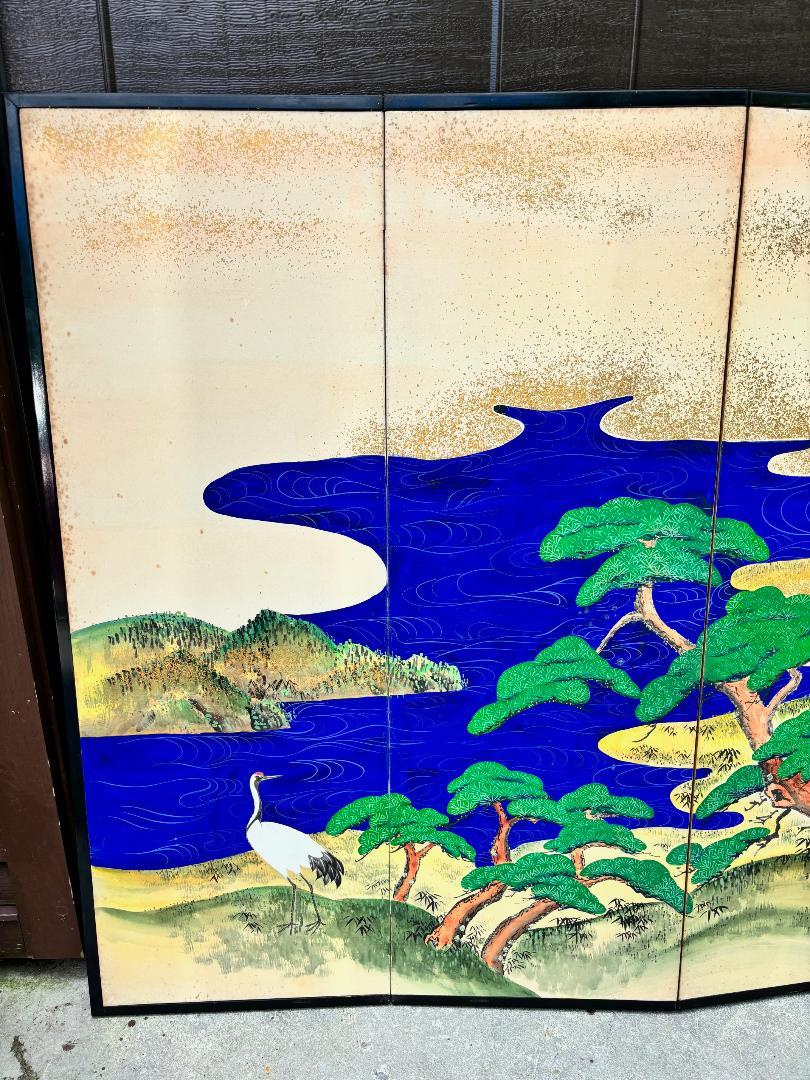 Taisho Japanese Antique Hand Painted Blue Waters, Cranes, Trees Screen Vibrant Color