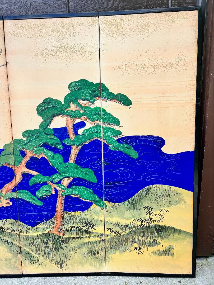 Hand-Painted Japanese Antique Hand Painted Blue Waters, Cranes, Trees Screen Vibrant Color