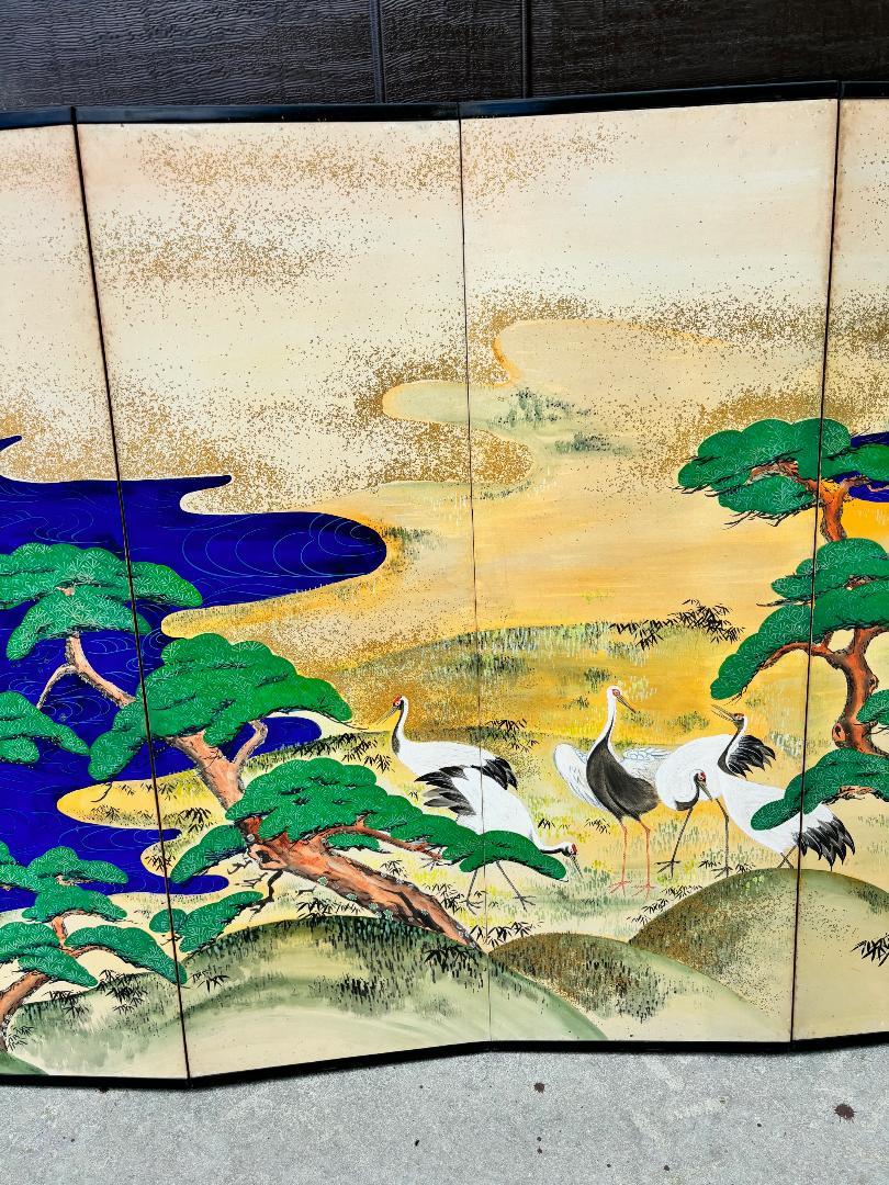 Hand-Painted Japanese Antique Hand Painted Blue Waters, Cranes, Trees Screen Vibrant Color
