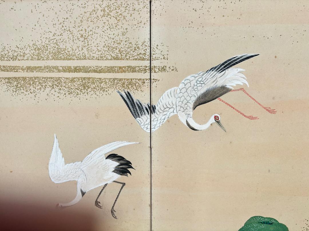 Japanese Antique Hand Painted Blue Waters, Cranes, Trees Screen Vibrant Color In Good Condition In South Burlington, VT