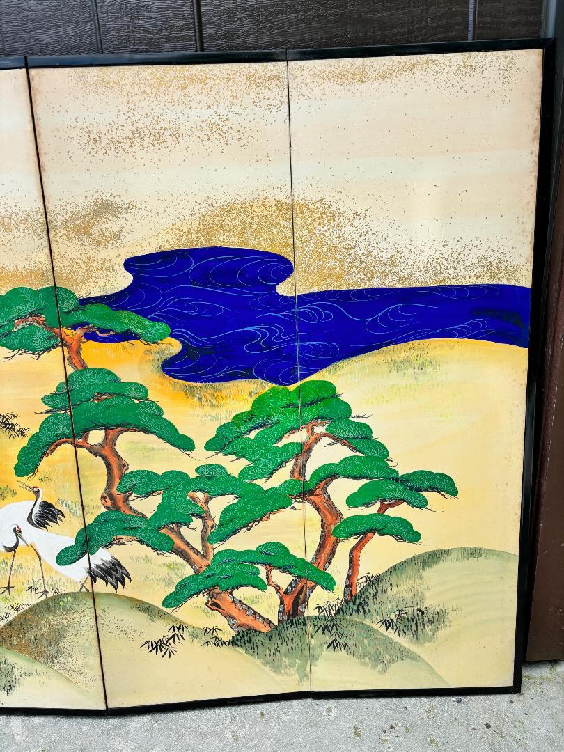 Japanese Antique Hand Painted Blue Waters, Cranes, Trees Screen Vibrant Color In Good Condition In South Burlington, VT