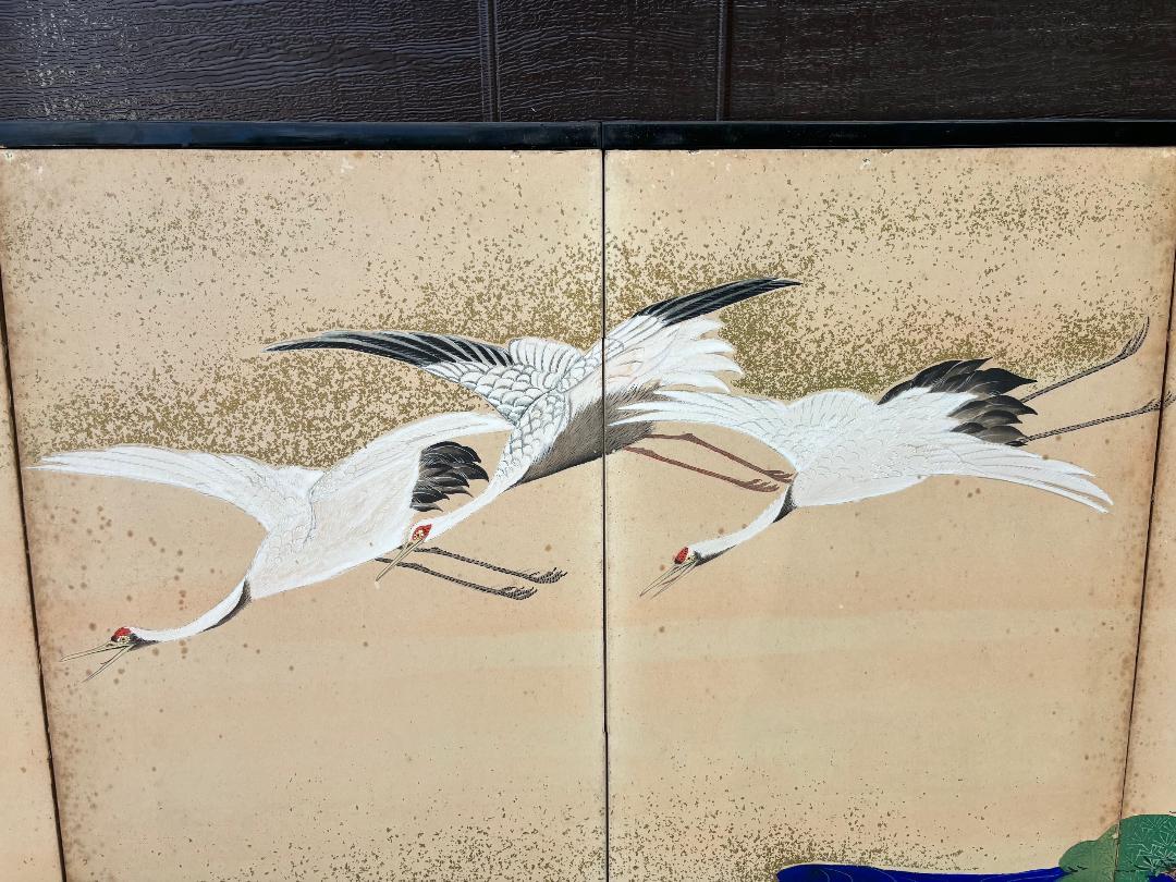 20th Century Japanese Antique Hand Painted Blue Waters, Cranes, Trees Screen Vibrant Color