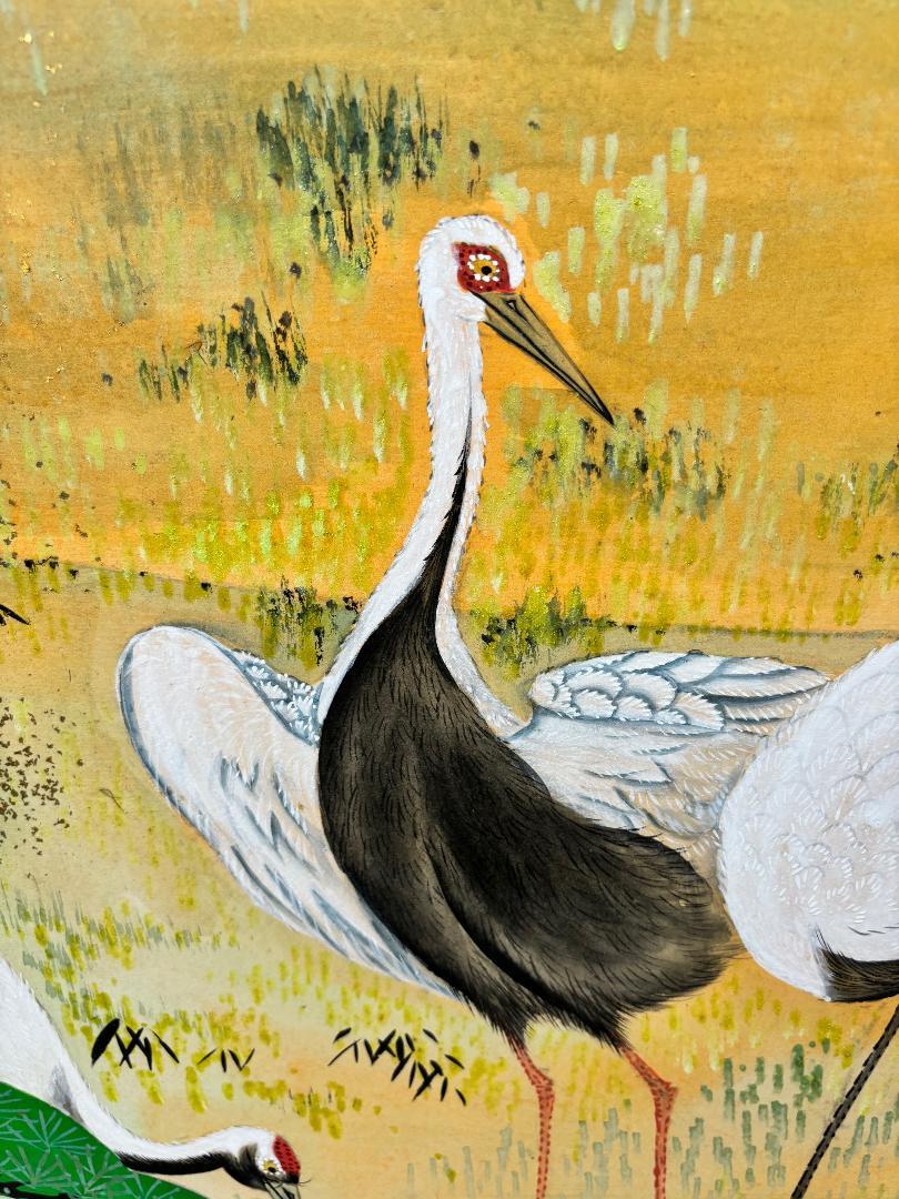 20th Century Japanese Antique Hand Painted Blue Waters, Cranes, Trees Screen Vibrant Color