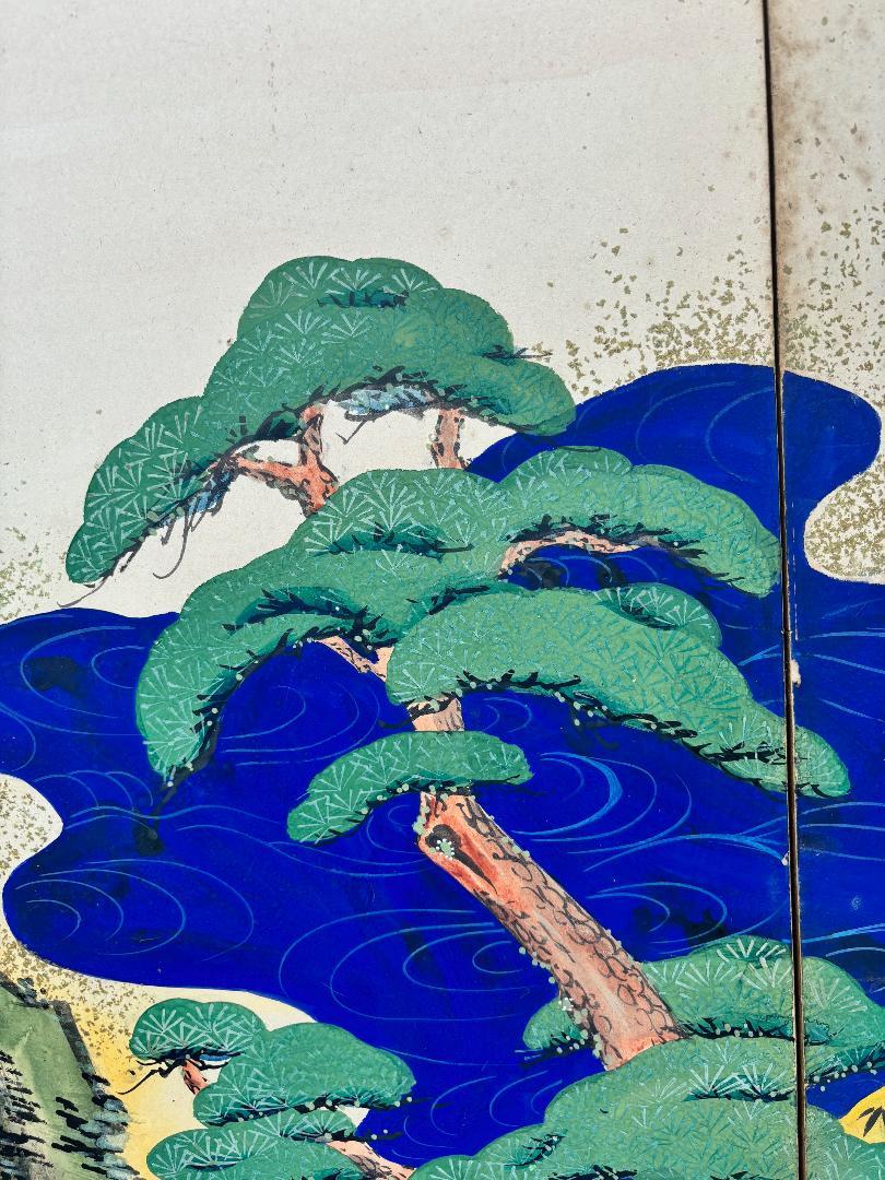Gold Leaf Japanese Antique Hand Painted Blue Waters, Cranes, Trees Screen Vibrant Color