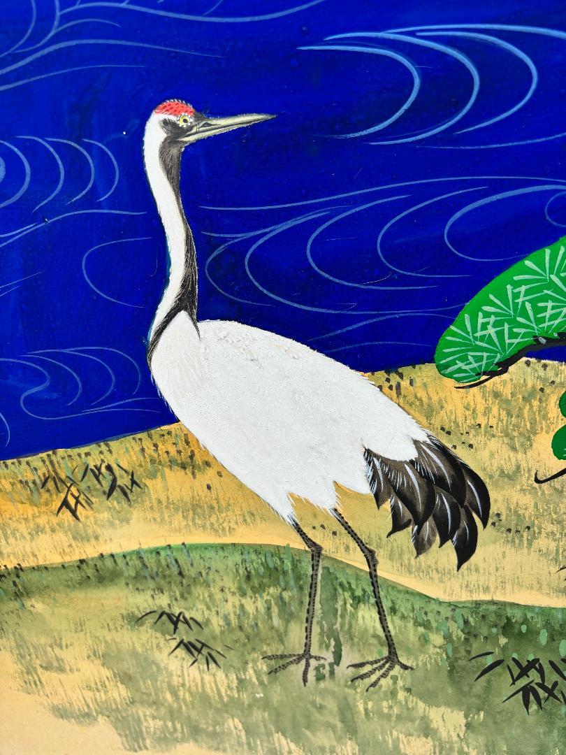Gold Leaf Japanese Antique Hand Painted Blue Waters, Cranes, Trees Screen Vibrant Color