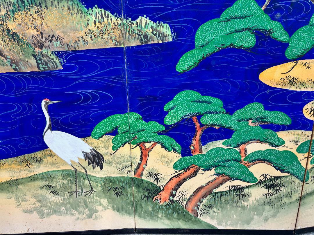 Japanese Antique Hand Painted Blue Waters, Cranes, Trees Screen Vibrant Color 1