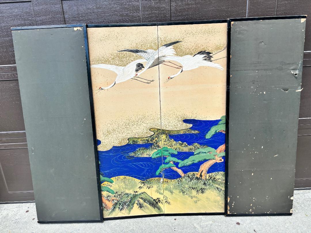 Japanese Antique Hand Painted Blue Waters, Cranes, Trees Screen Vibrant Color 2