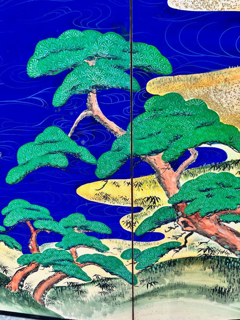 Japanese Antique Hand Painted Blue Waters, Cranes, Trees Screen Vibrant Color 2