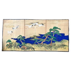 Japanese Antique Hand Painted Blue Waters, Cranes, Trees Screen Vibrant Color