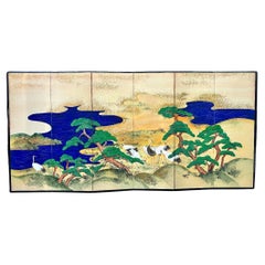 Antiguo Japonés Pintado a Mano Aguas Azules, Grullas, Árboles Pantalla Color Vibrante