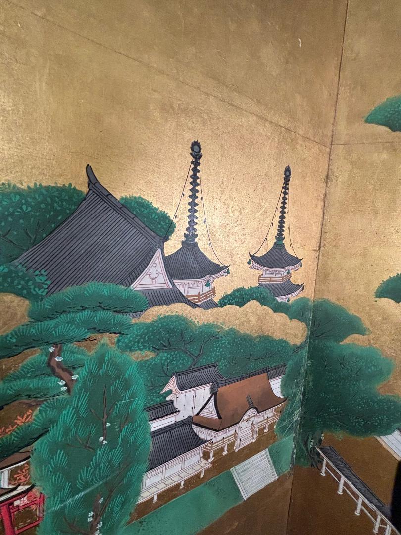 Japanese Antique Hand Painted Blue Waters, Gardens, Pagodas, And Lanterns Screen 1