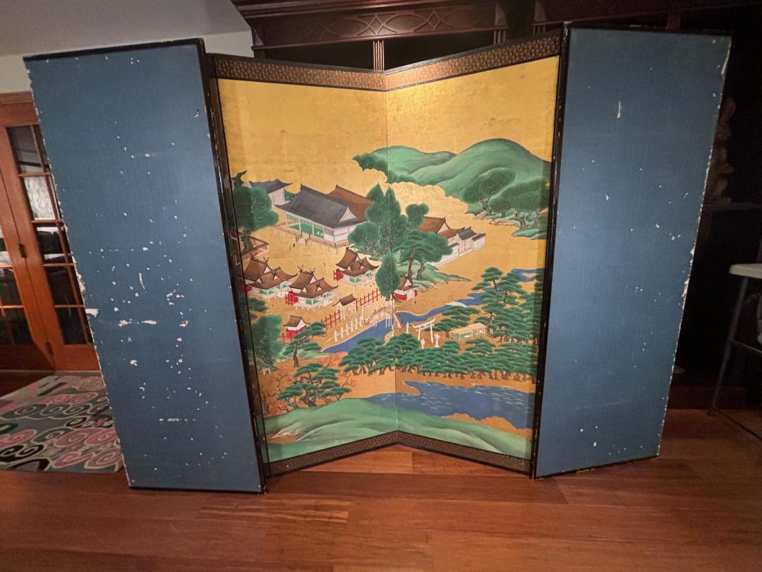 Japanese Antique Hand Painted Blue Waters, Gardens, Pagodas, And Lanterns Screen 11
