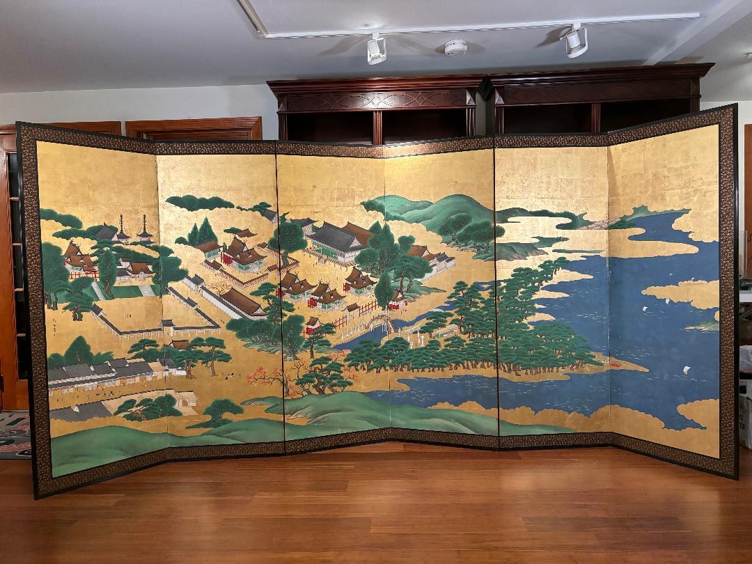 Meiji Japanese Antique Hand Painted Blue Waters, Gardens, Pagodas, And Lanterns Screen